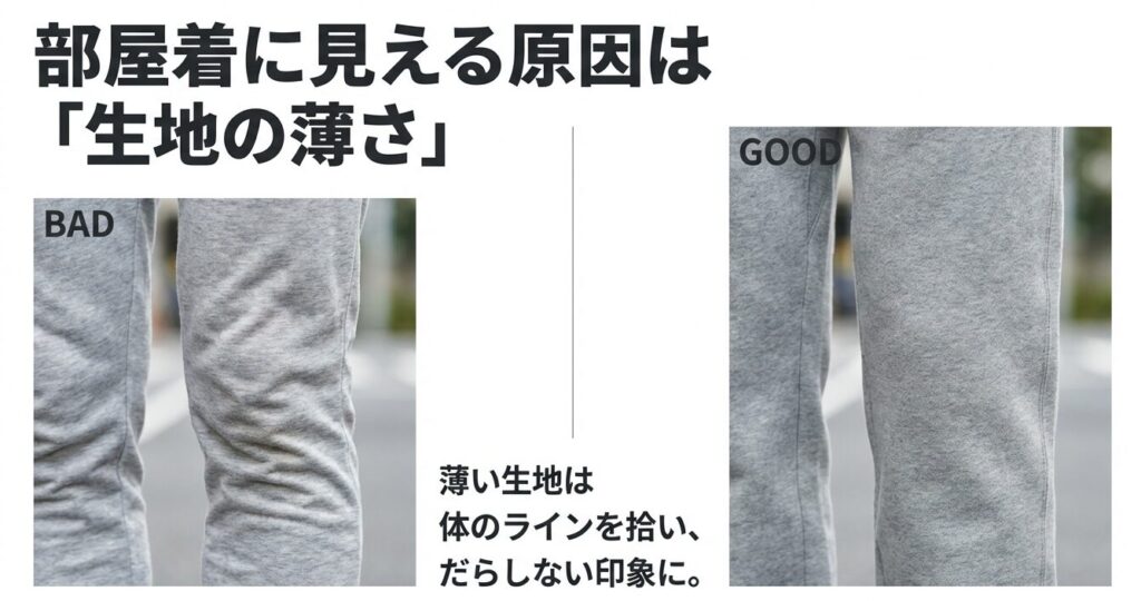 薄手のスウェット生地と肉厚なヘビーウェイト生地の見た目の比較