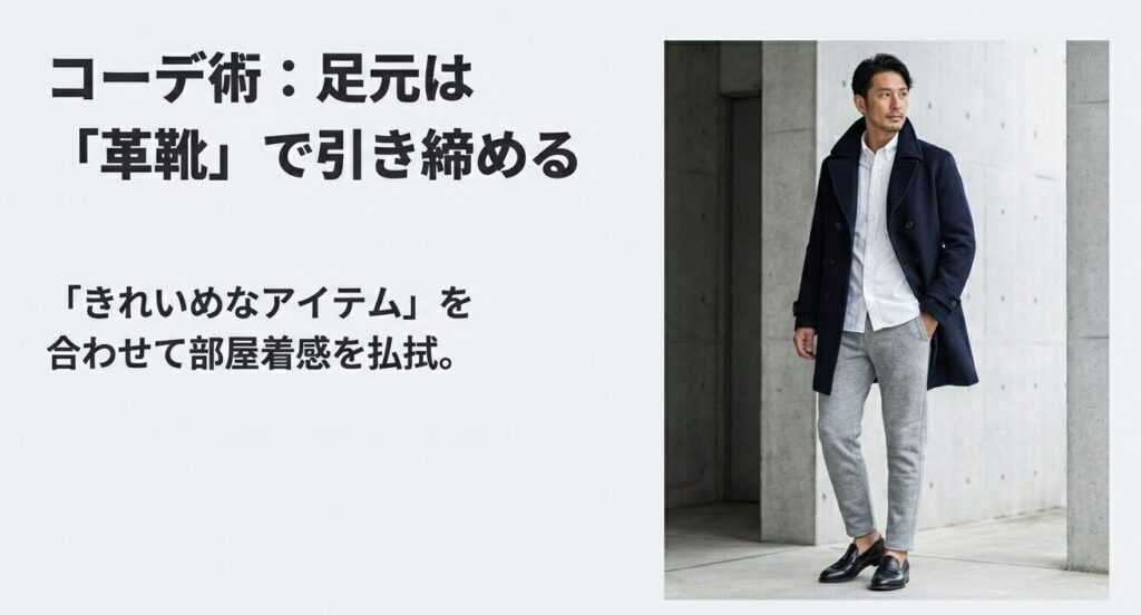 グレーのスウェットパンツにシャツとコート、革靴を合わせたメンズコーデ