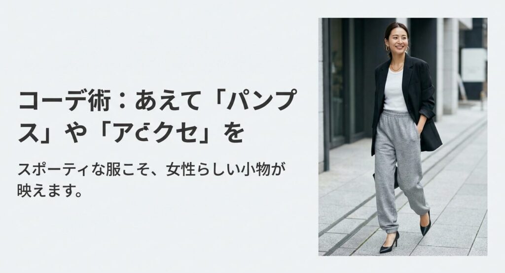 グレーのスウェットパンツに黒ジャケットとパンプスを合わせたレディースコーデ