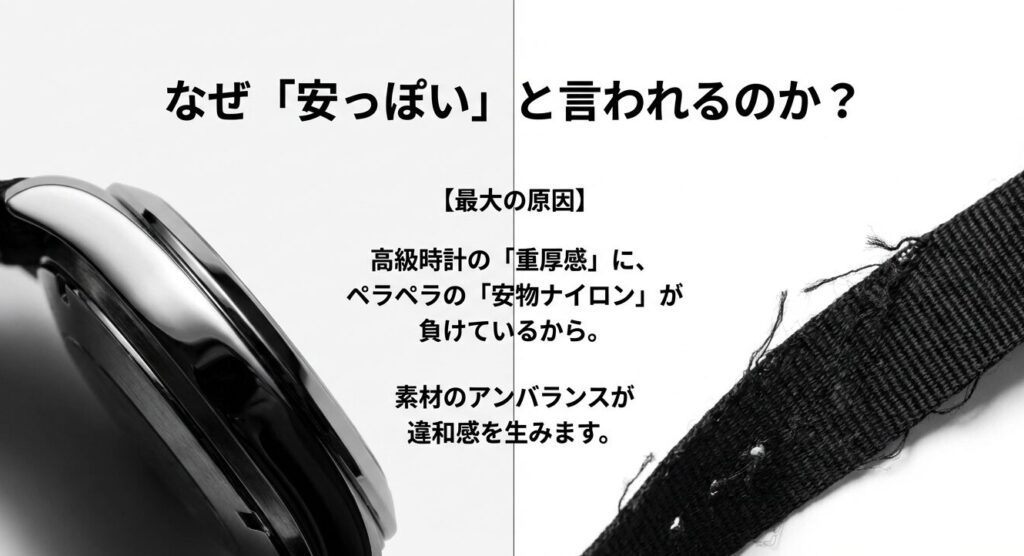 高級時計のポリッシュ仕上げと安っぽいナイロンベルトの質感の比較図解