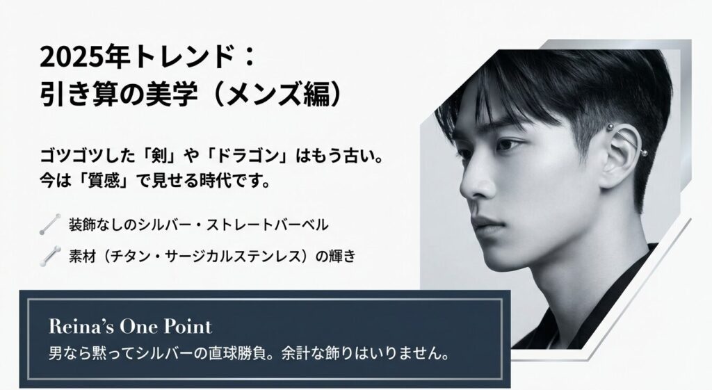 2025年メンズトレンド。引き算の美学とシルバー素材のストレートバーベル