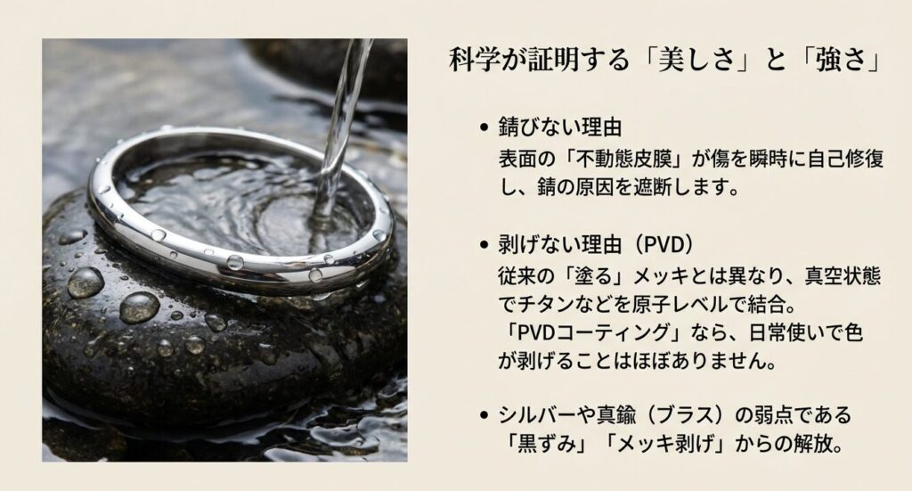 水に濡れたステンレスリングのアップ画像と、錆びない理由・PVDコーティングの耐久性に関する解説