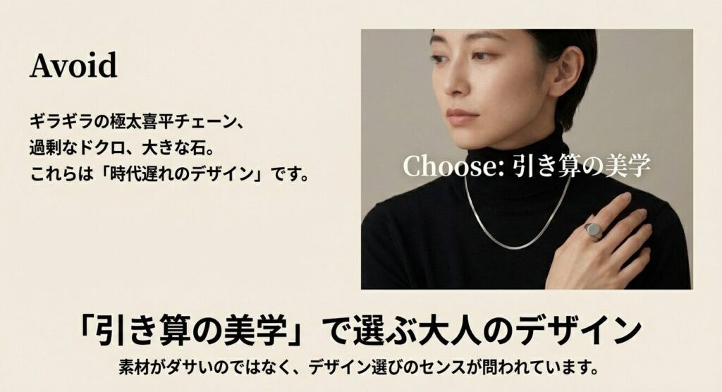 シンプルなスネークチェーンネックレスを着用した女性と、避けるべきデザインと選ぶべきデザインの対比解説