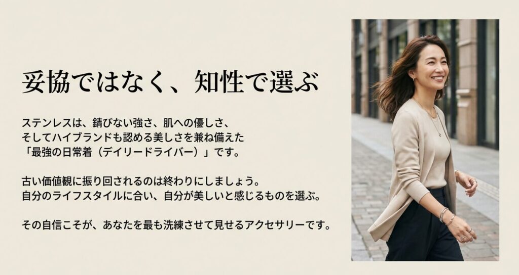 笑顔で歩く女性の画像と、ステンレスは妥協ではなく知性で選ぶ「最強の日常着」であるというメッセージ