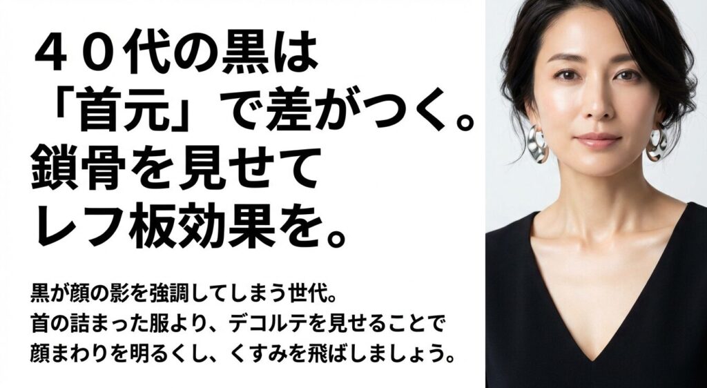 40代の黒コーデは鎖骨を見せてレフ板効果を狙い顔のくすみを飛ばす