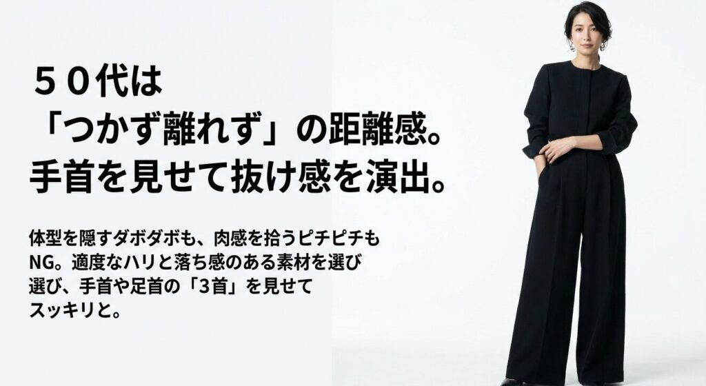 50代は手首足首の3首見せと適度な距離感のある素材選びですっきり見せる