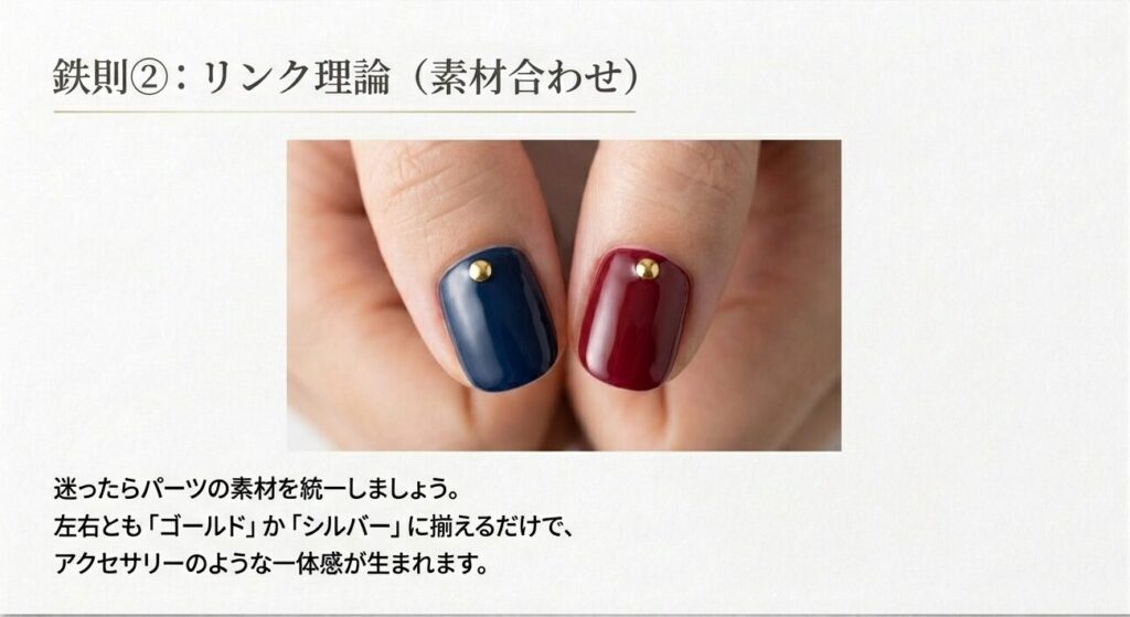 アシンメトリーネイルの鉄則②リンク理論はパーツの素材(ゴールド・シルバー)を左右で統一する