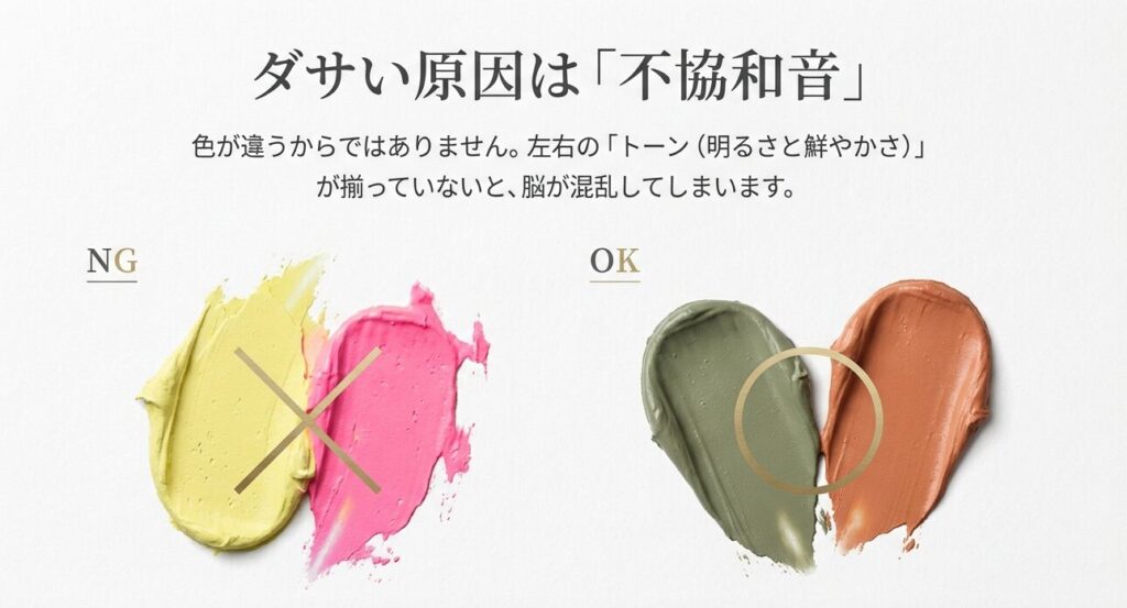 アシンメトリーネイルがダサい原因は左右のトーン(明るさと鮮やかさ)が揃っていない不協和音