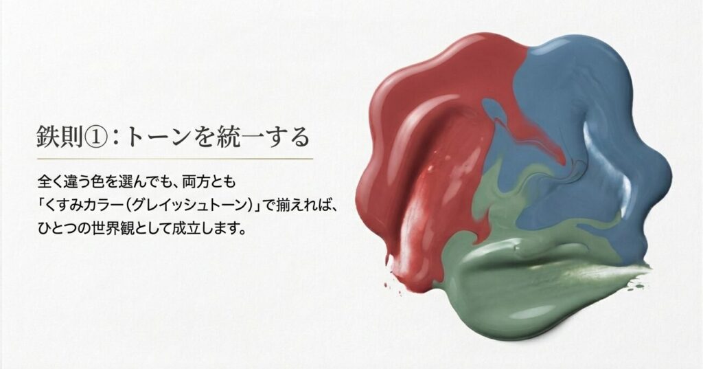 失敗しないアシンメトリーネイルの鉄則①は左右をくすみカラーで揃えてトーンを統一すること