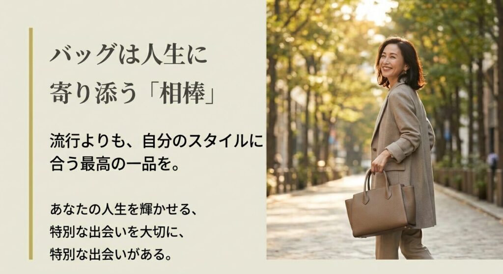 流行よりも自分のスタイルに合う最高の一品を選び、人生の相棒とするためのメッセージスライド