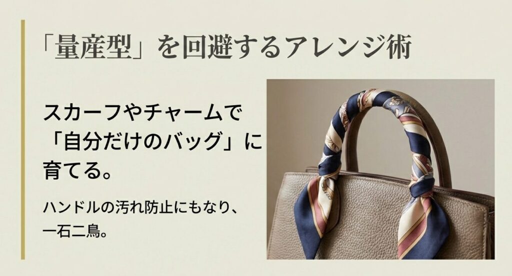 ベージュのバッグのハンドルにシルクスカーフを巻きつけて、自分だけのバッグにアレンジした様子