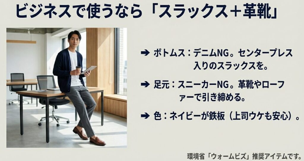 ビジネスシーンでのスウェットカーディガン着用例。スラックスと革靴を合わせたオフィスカジュアルスタイル。