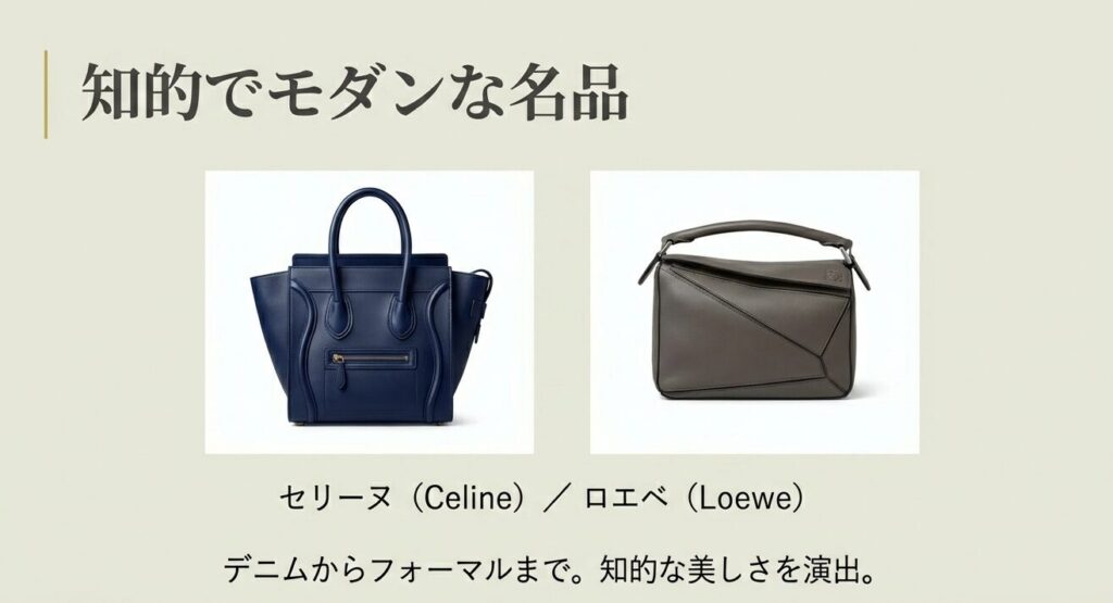 デニムからフォーマルまで合う、セリーヌのラゲージ風やロエベのパズル風のモダンな名品バッグ