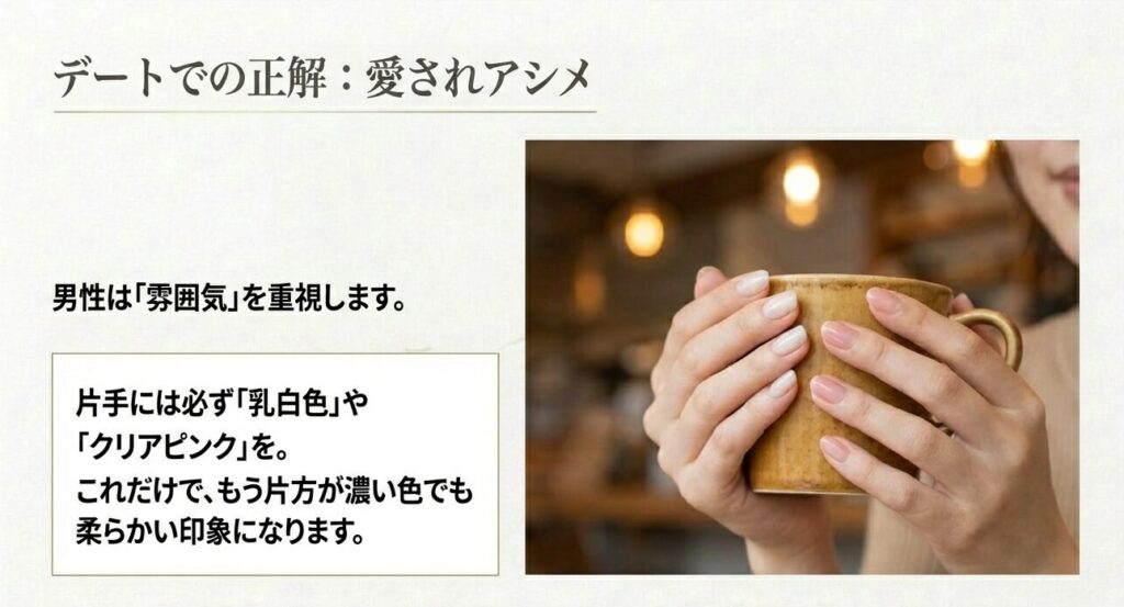 デートで好印象なアシンメトリーネイルは乳白色やクリアピンクを取り入れて柔らかい雰囲気に