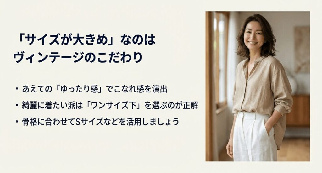ゆったりとしたオーバーサイズ感を綺麗に着こなす女性とサイズダウンの提案