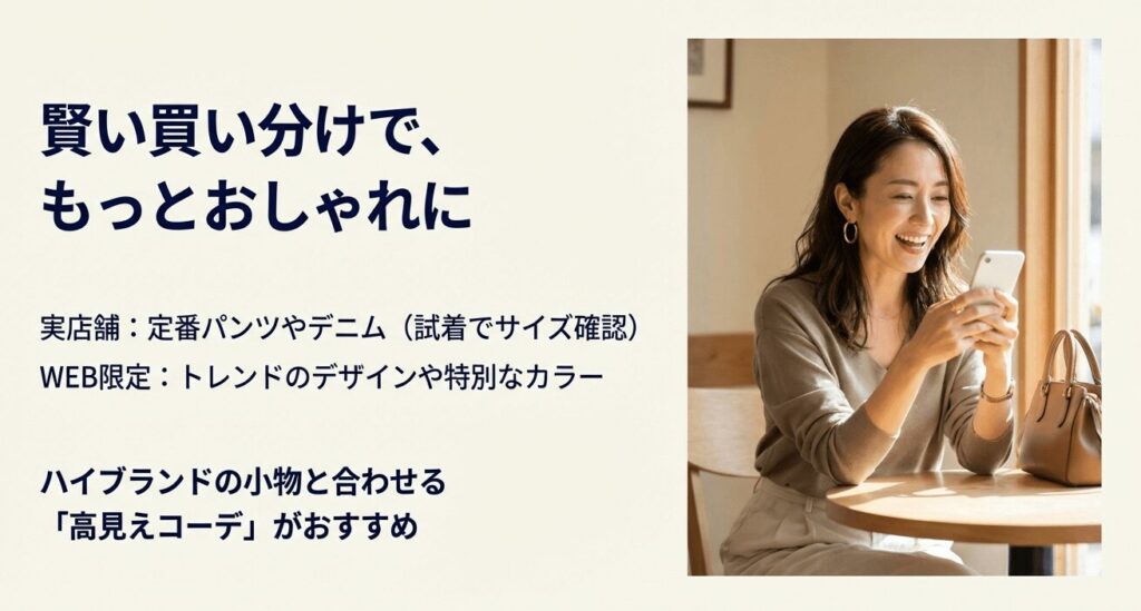 カフェでスマートフォンを見ながら楽しくお買い物をする女性