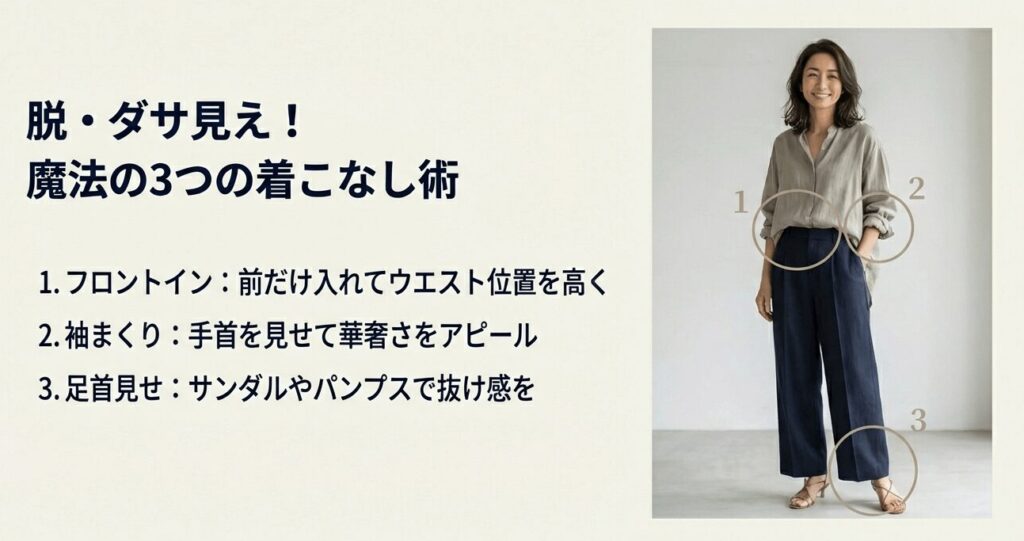 フロントイン、袖まくり、足首見せの3つのポイントを解説するコーディネート画像