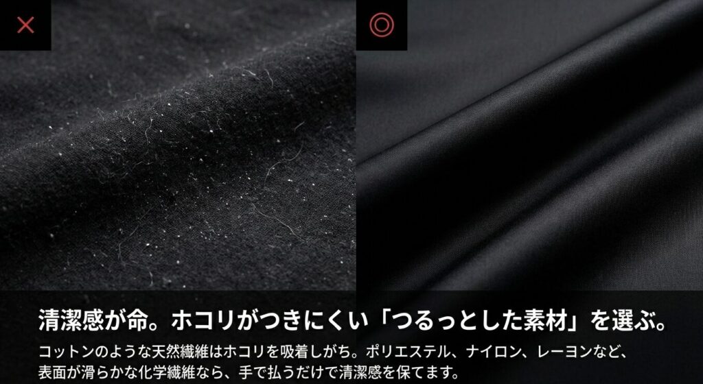 黒い服のほこり対策にはポリエステルなどのつるっとした素材選びが重要