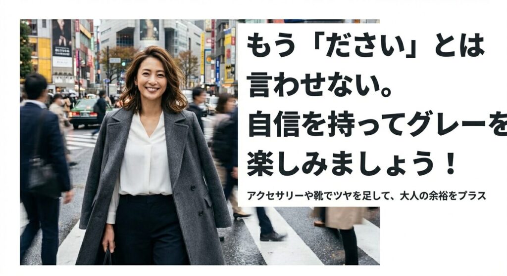 「もうださいとは言わせない。自信を持ってグレーを楽しみましょう！」というメッセージが書かれたスライド画像。