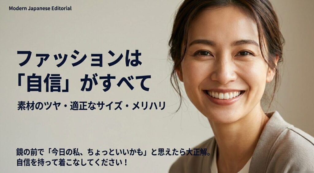 鏡の前で自信を持ってファッションを楽しむためのマインドセット。素材、サイズ、メリハリの重要性。