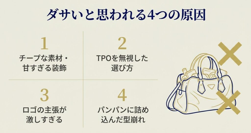 チープな素材、TPO無視、ロゴの主張、型崩れといったダサいと思われるバッグの4つの原因をまとめた図解