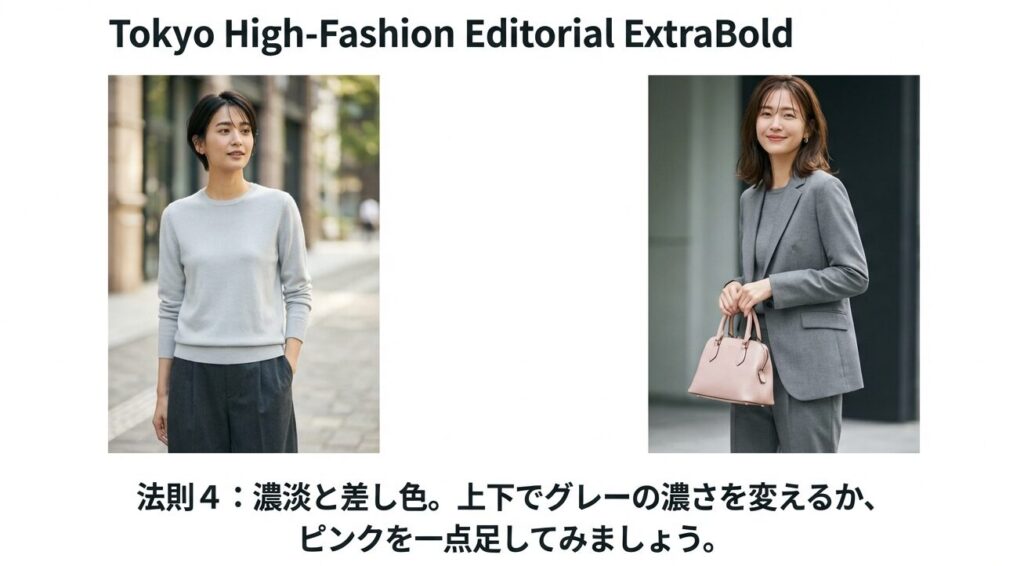 ライトグレーのトップスとチャコールグレーのパンツの濃淡コーデに、淡いピンクのハンドバッグを合わせた女性。差し色効果の解説。