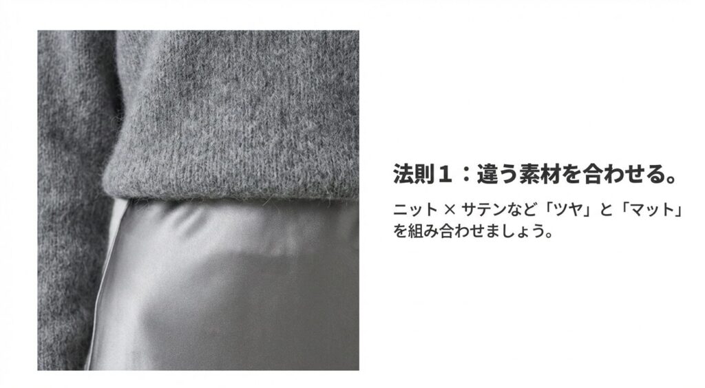グレーのニット素材（マット）とサテンスカート（ツヤ）の異素材ミックスの拡大画像。素材の質感の違いによるメリハリを強調。