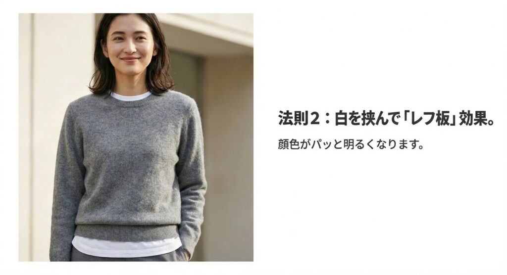 グレーニットの首元と裾から白いTシャツを見せているレイヤードスタイル。白を挟むことによるレフ板効果で顔色を明るく見せるテクニック。