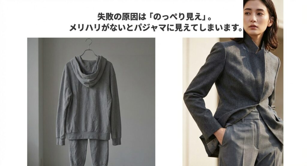 グレーのスウェットセットアップ（部屋着に見える例）と、スタイリッシュなグレースーツ（洗練された例）の比較画像。のっぺり見えを防ぐ重要性を解説。
