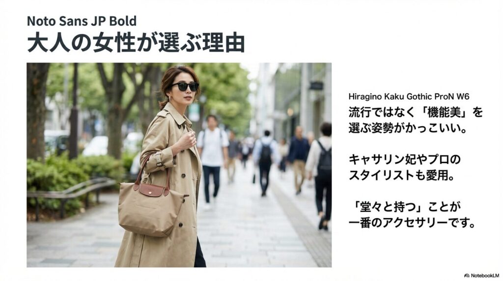 大人の女性がロンシャンを選ぶ理由は流行ではなく機能美であり、堂々と持つことが一番のアクセサリーであるという解説スライド