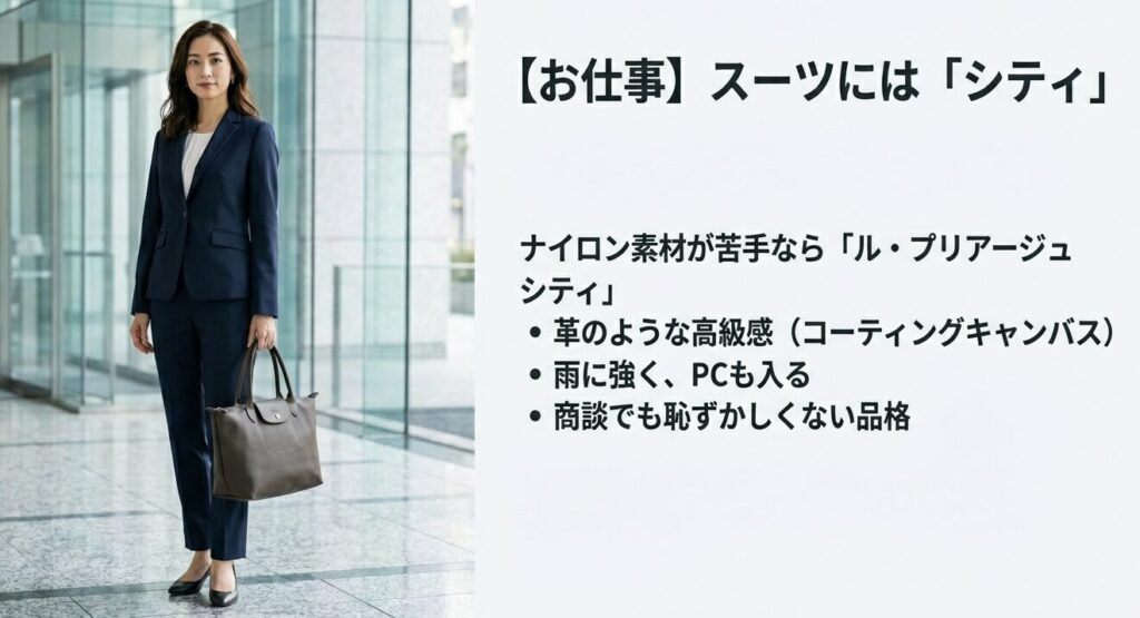 ナイロン素材が苦手な人におすすめのル・プリアージュシティ。コーティングキャンバス素材で革のような高級感があり、商談にも使えるビジネスバッグ