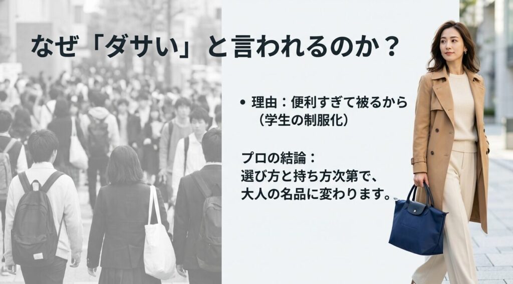 ロンシャンがダサいと言われる原因は便利すぎて被るため、学生の制服化していることが理由という解説スライド