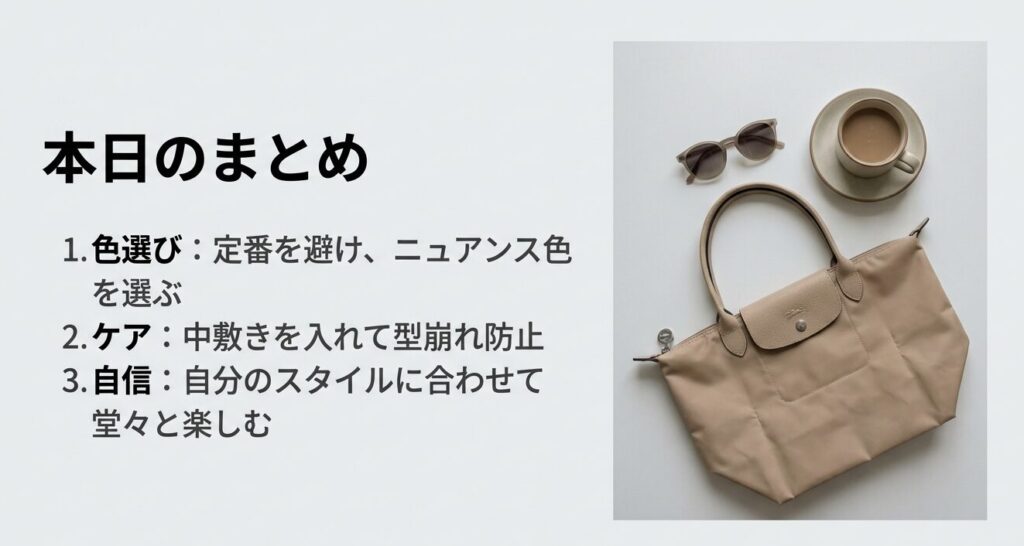 ロンシャンのトートをダサく見せないための3つのポイント（ニュアンス色選び、中敷きでのケア、堂々と持つ自信）のまとめスライド