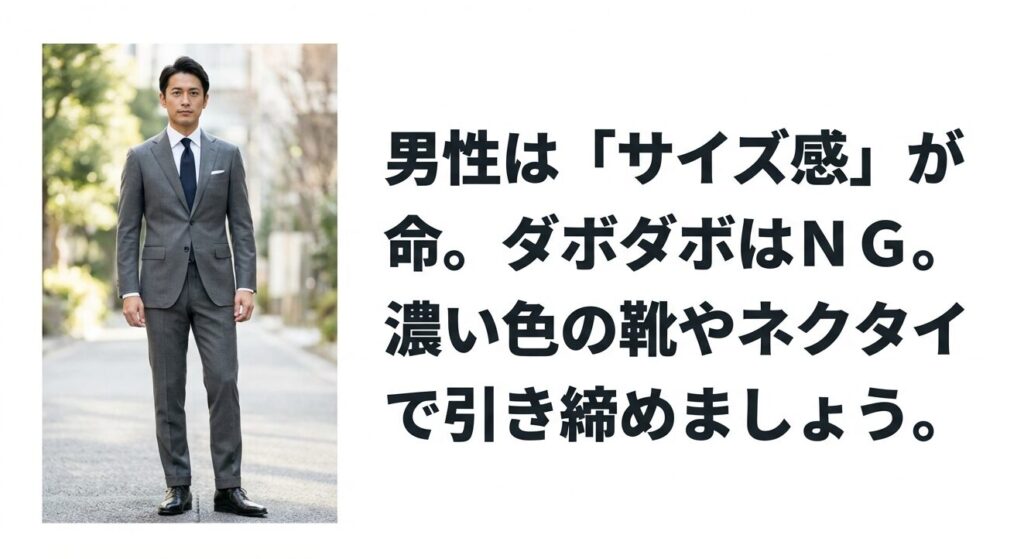 ジャストサイズのグレースーツを着こなす男性。ネイビーのネクタイと濃い色の靴で全体を引き締め、清潔感のあるビジネススタイル。