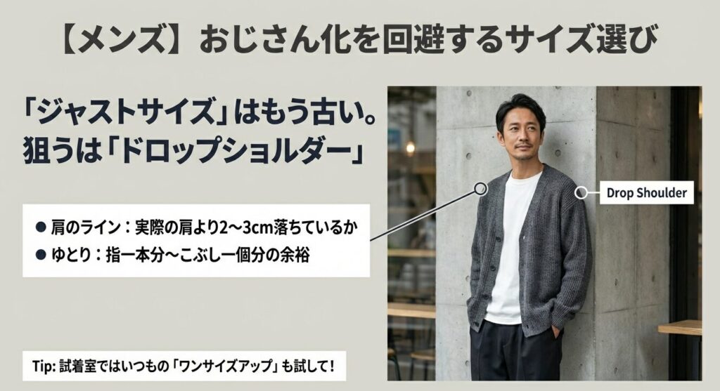 メンズのスウェットカーディガンにおける正解サイズ。ドロップショルダーと適度なゆとりのある着こなし例。