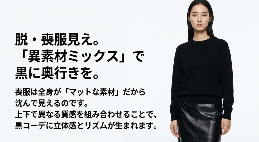 喪服に見えないためには上下で異なる質感を組み合わせる異素材ミックスが効果的