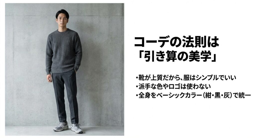 ニューバランス991のコーデの法則は引き算の美学。全身をベーシックカラーで統一