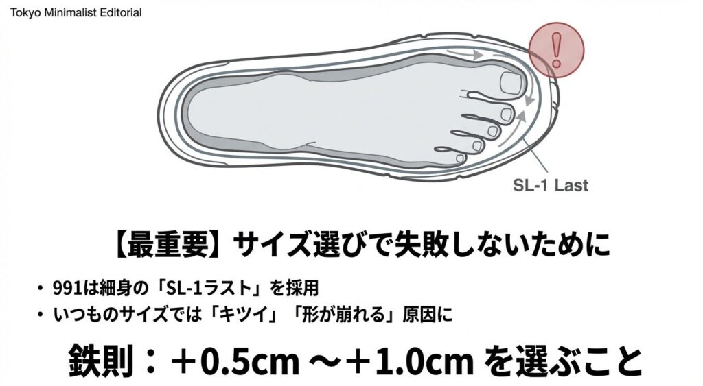 ニューバランス991のサイズ選び。細身のSL-1ラスト採用のためプラス0.5cmから1.0cmが鉄則