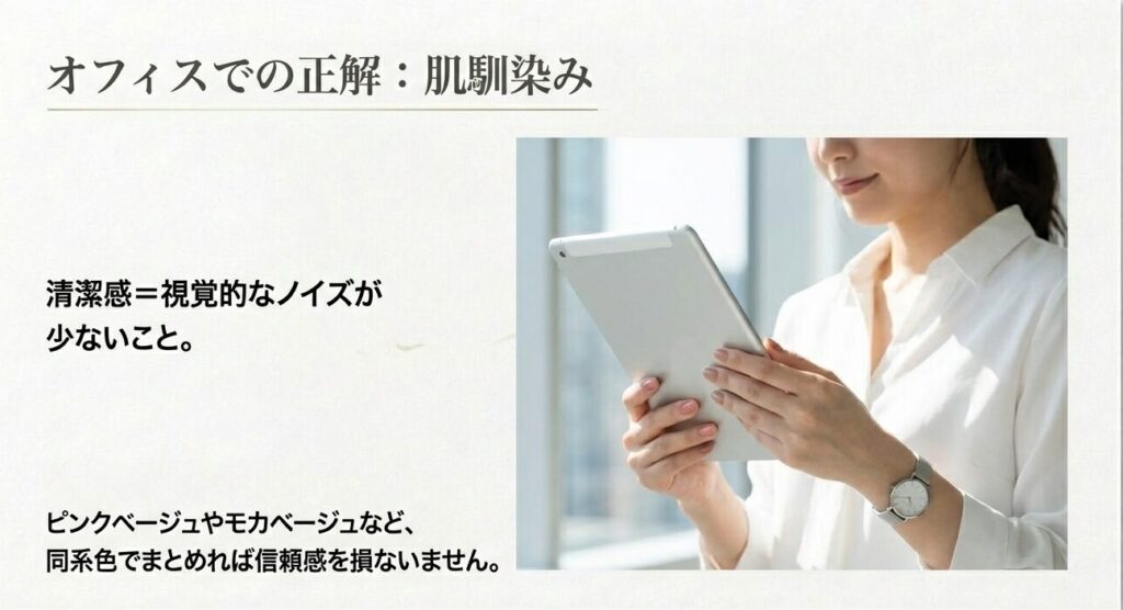 オフィスで浮かないアシンメトリーネイルはピンクベージュなどの肌馴染みカラーで信頼感をキープ