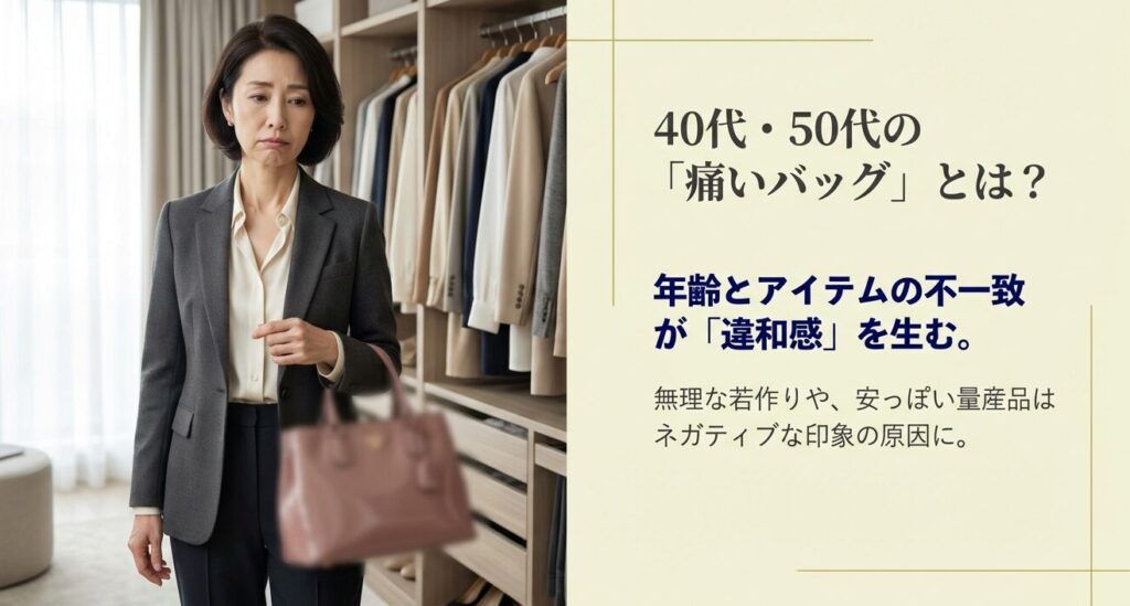 40代・50代の痛いバッグの原因である「年齢とアイテムの不一致」を解説したスライド