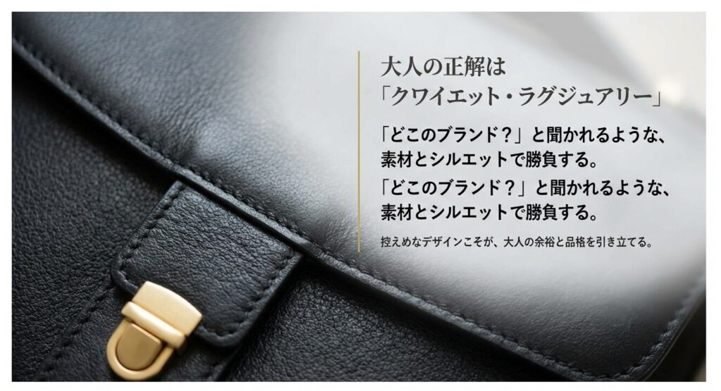 ロゴではなく素材とシルエットで勝負するクワイエット・ラグジュアリーな黒いレザーバッグのイメージ