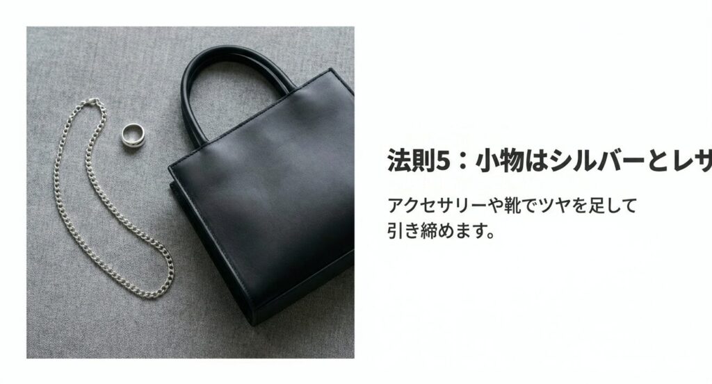 シルバーのチェーンネックレスと黒のレザーバッグの置き画。グレーコーデを引き締めるための小物選び（ツヤとレザー）の例。