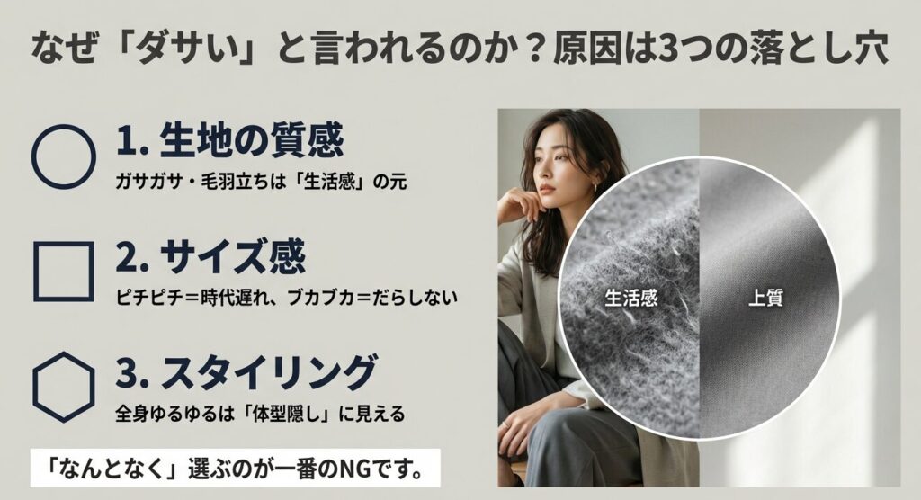 スウェットカーディガンがダサいと言われる3つの原因（生地の質感、サイズ感、スタイリング）の解説図