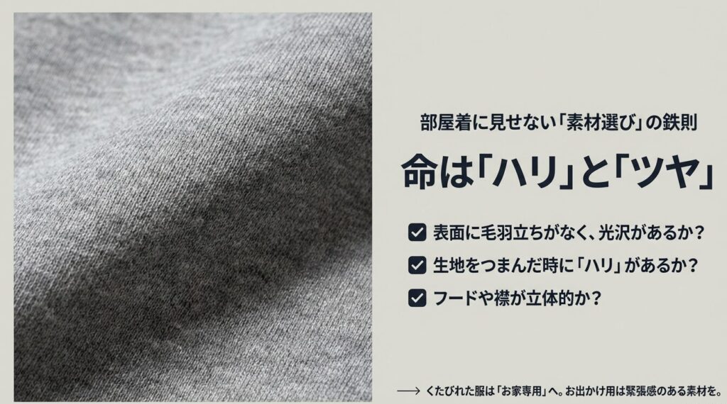 部屋着に見えないスウェット素材の選び方。表面に毛羽立ちがなく光沢とハリがある生地の拡大写真。