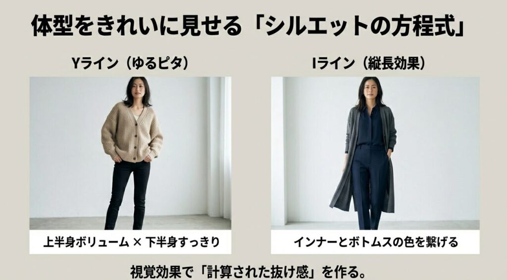 スタイルアップ効果のあるYライン（ゆるピタ）とIライン（縦長効果）のシルエット解説図。