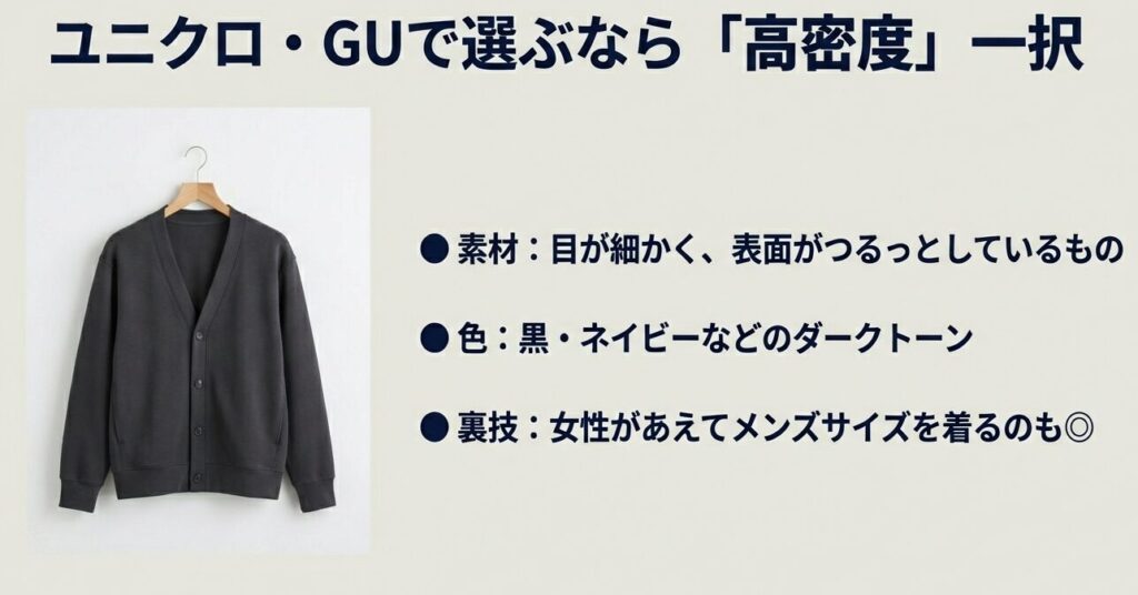 ユニクロやGUで選ぶべき、高密度で表面が滑らかなスウェットカーディガンの素材写真。