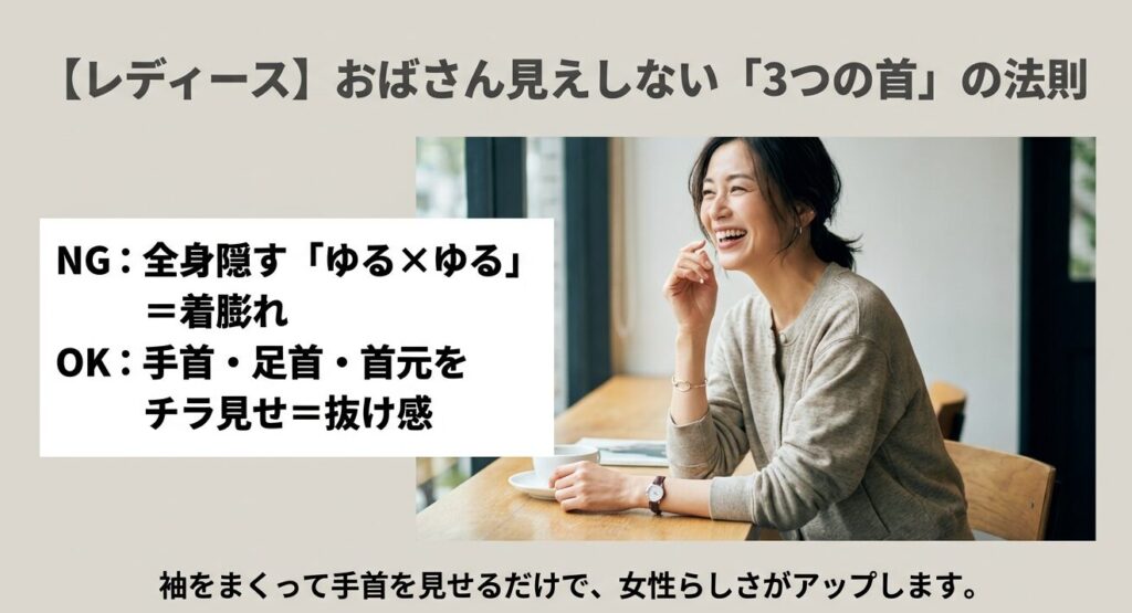女性がおばさん見えしないための3つの首（首元、手首、足首）を見せた抜け感のあるコーディネート例。