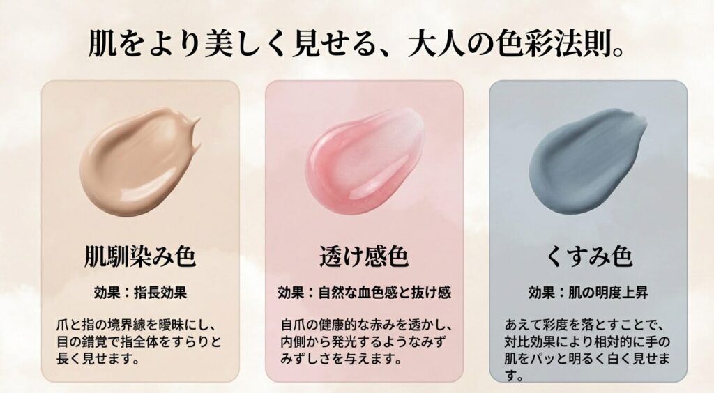 手を美しく見せる肌馴染み色・透け感色・くすみ色の色彩法則