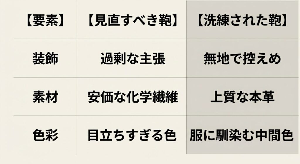 見直すべき鞄と洗練された鞄の要素(装飾・素材・色彩)比較表