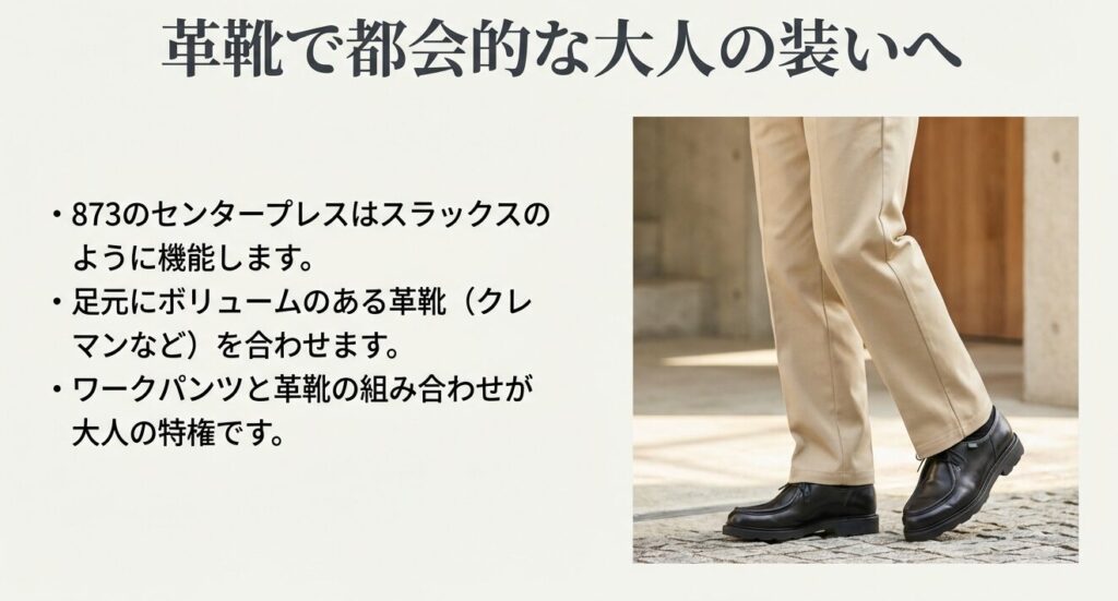 スニーカーではなく革靴を合わせることで、美しいセンタープレスを活かした大人の色気を持つアーバンスタイル